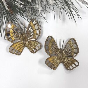 2 Gold Glitter butterflies-Vintage Mirrored Christmas Ornaments